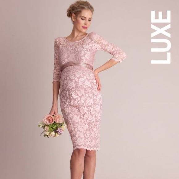 Seraphine Maternity Pink blush lace dress with sash - Picture 1 of 5